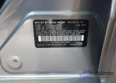 2015 Mitsubishi Mirage Es из США, поврежденный, VIN ML32A4HJ0FH054602